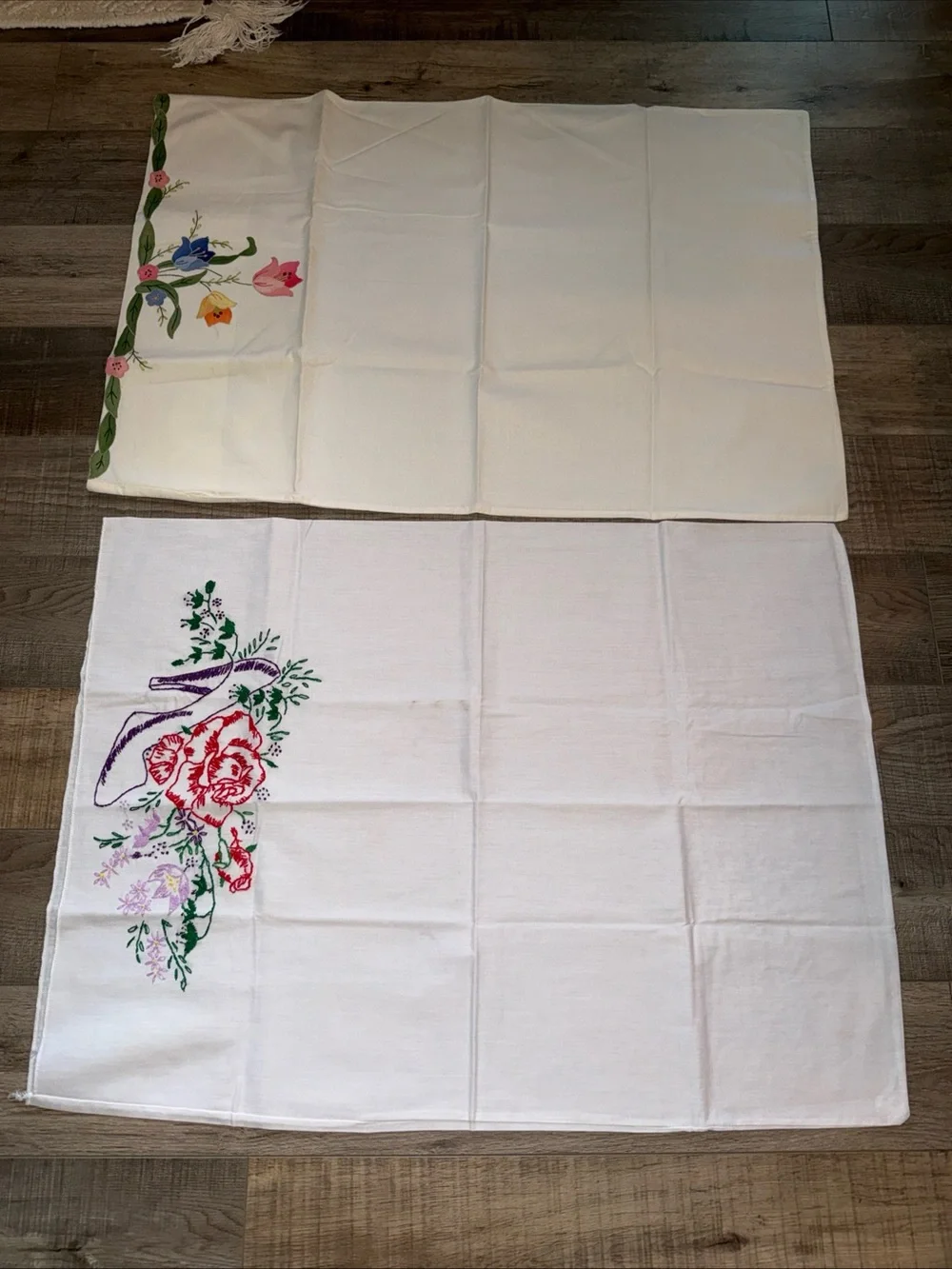 Embroidered Floral pillow cases- White with Multicolor Flowers